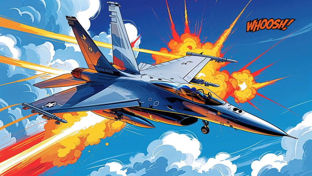 F16 fighter jet soaring amid explosive sky in dynamic comic visual