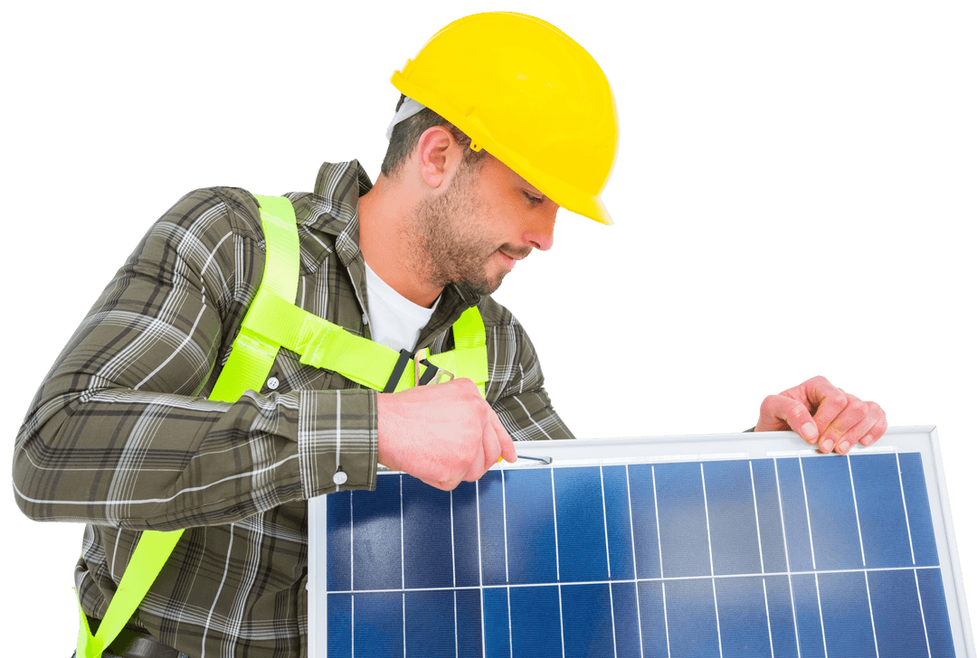 Transparent Construction Worker Adjusting Solar Panel with Tool