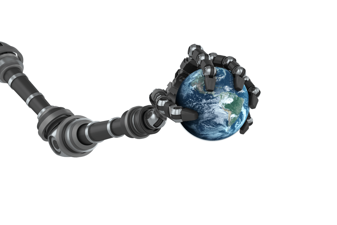 Robotic Hand Grasping Globe on Transparent Background