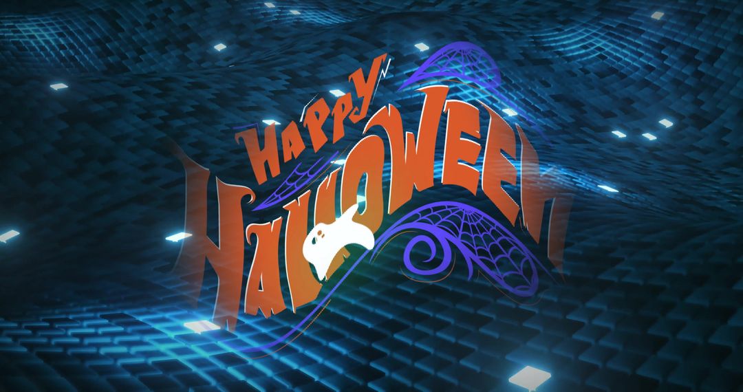 3D Happy Halloween Text with Ghost and Web on Futuristic Blue Grid