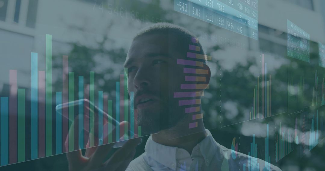 Businessman Analyzing Data with Futuristic Holographic Overlays