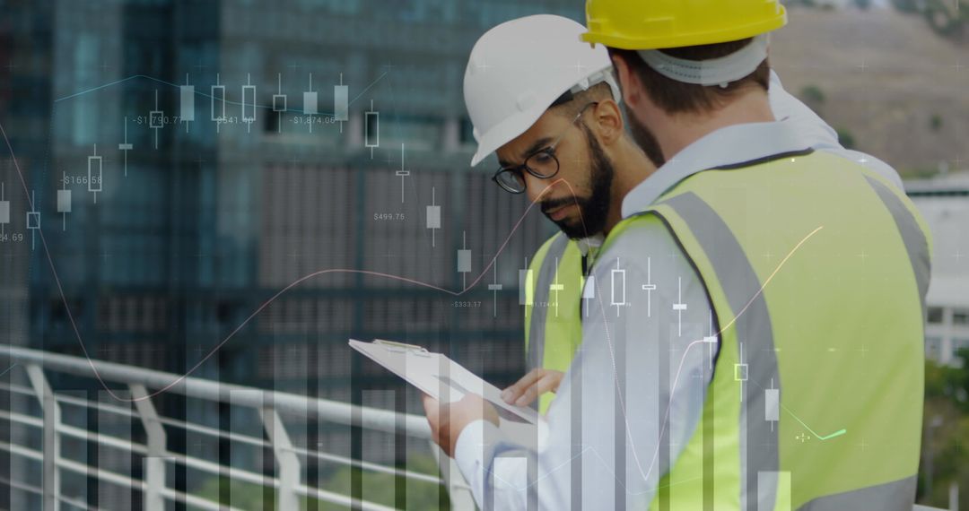Architects Reviewing Plans Outside Skyscraper with Financial Graph Overlay