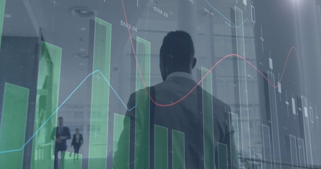 Businessman Walking with Digital Data Visualization Overlay