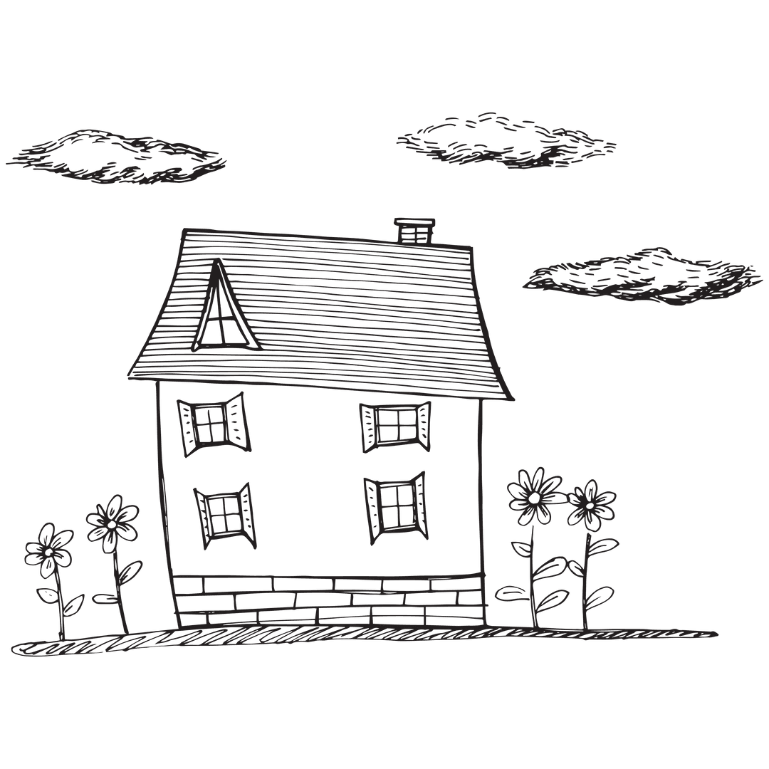 Charming Transparent Illustration of House with Clouds and Flowers