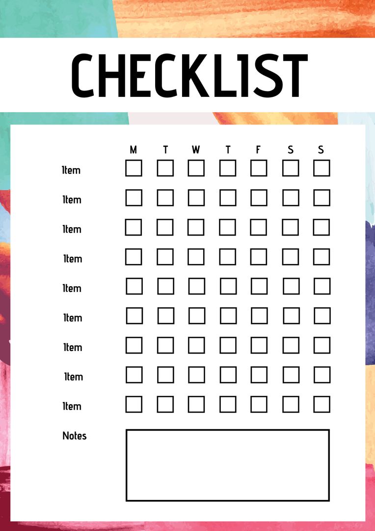 Vibrant checklist template for weekly task tracking