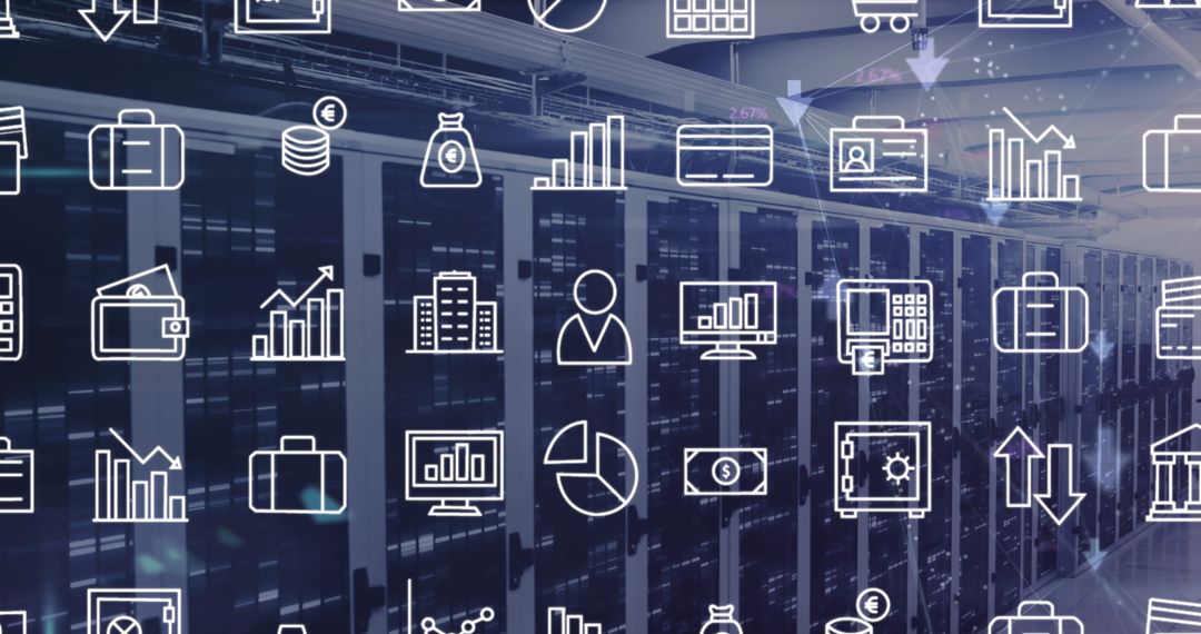 Digital Business Icons Over Computer Server Room Illustrating Data Storage