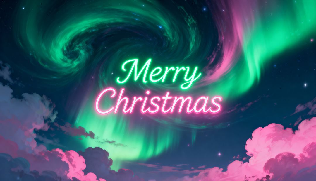Glowing Neon Merry Christmas Sign Hovering over Swirling Aurora with Pink Clouds Nightscape