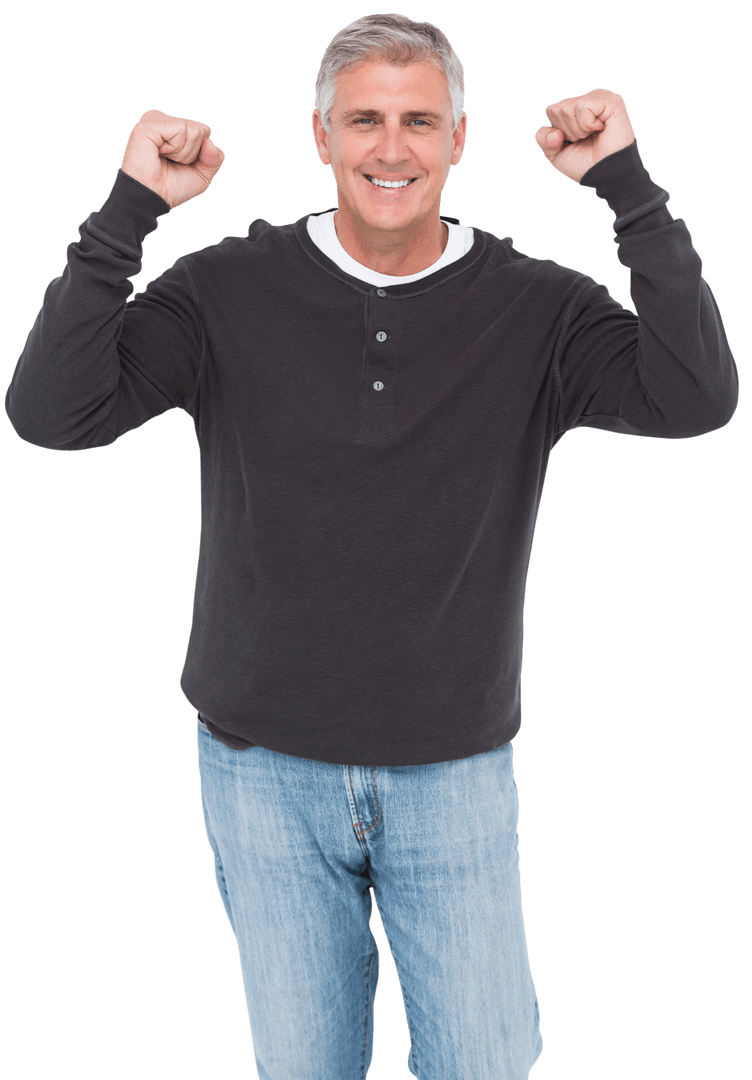 Smiling Middle-aged Man Wearing Casual Clothes Cheering