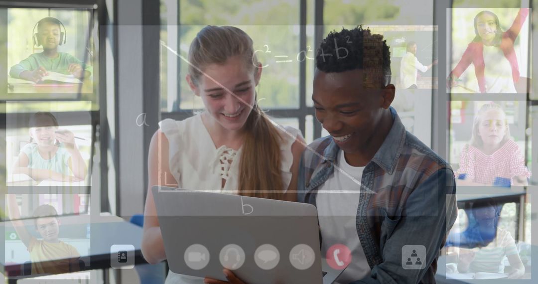 Teenagers Engaged in Virtual Learning with Chalkboard Overlay