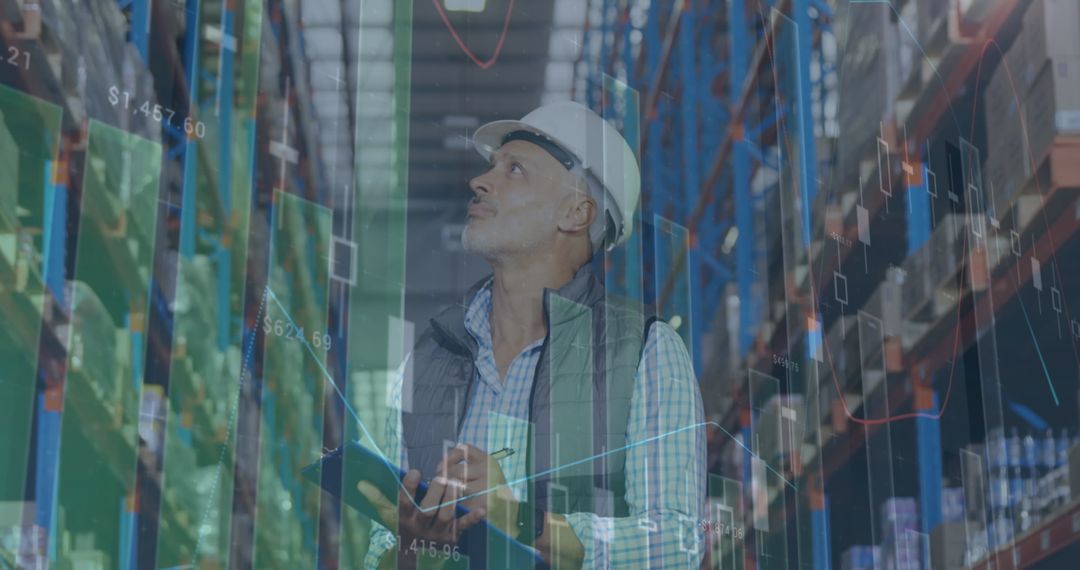 Warehouse Manager Analyzing Digital Data Overlay for Inventory Management