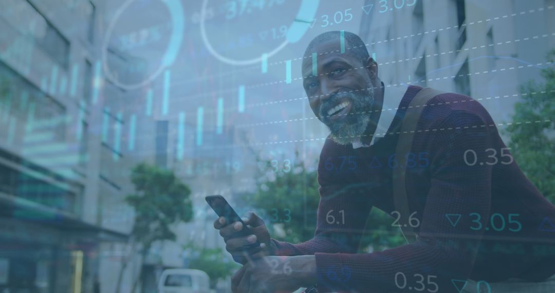 Businessman Using Smartphone with Data Overlay