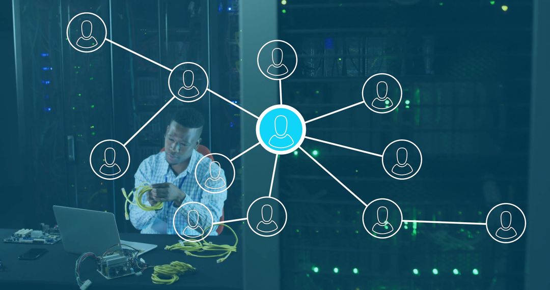 Technician Managing Network Connections in Server Room