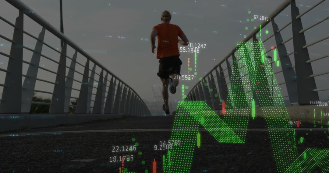 Caucasian Man Running Background with Financial Graph Overlay