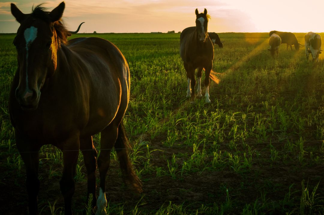 Horses Grazing in Serene Field During Sunset - Free Images, Stock Photos and Pictures on Pikwizard.com