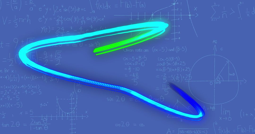 Glowing Light Trail with Mathematical Formulas on Blue Background