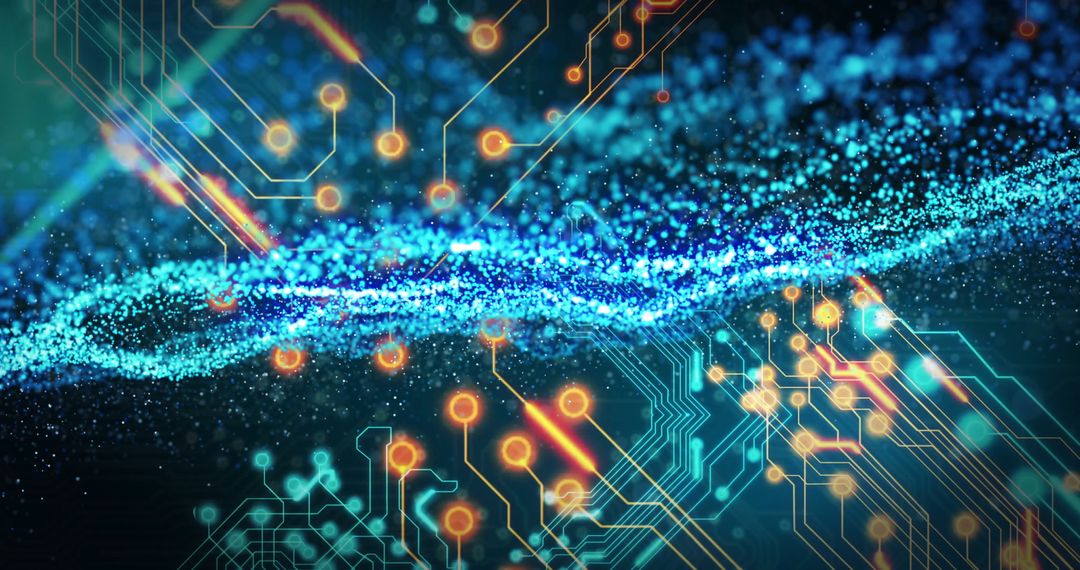 Futuristic Blue Particle Wave with Glowing Circuit Elements