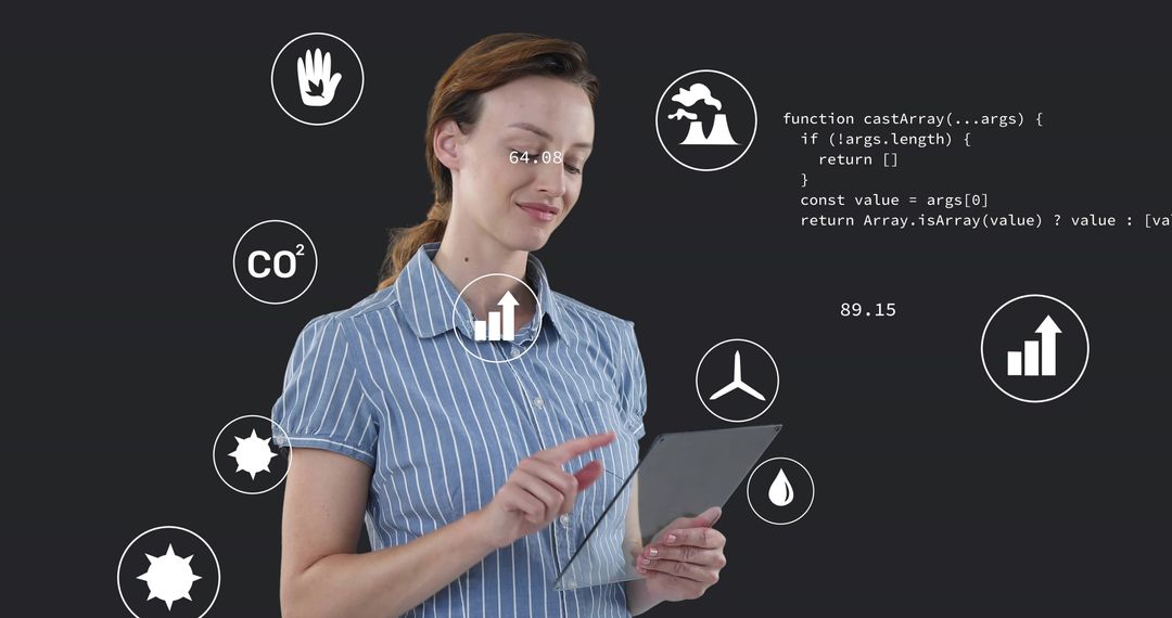 Tapping woman in striped shirt using tablet with AR data icons, charts and code overlay