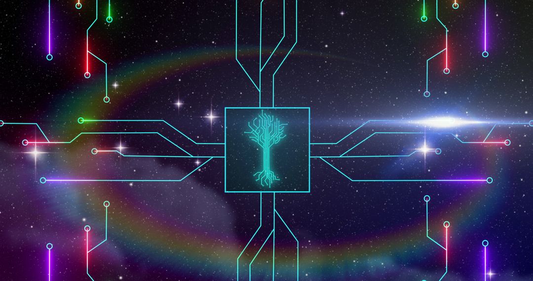 Futuristic Digital Circuit with Tech Tree and Cosmos Background