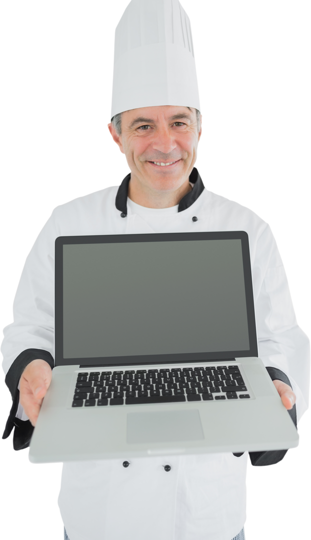 Smiling Chef Holding Laptop on Transparent Background - Download Free Stock Images Pikwizard.com