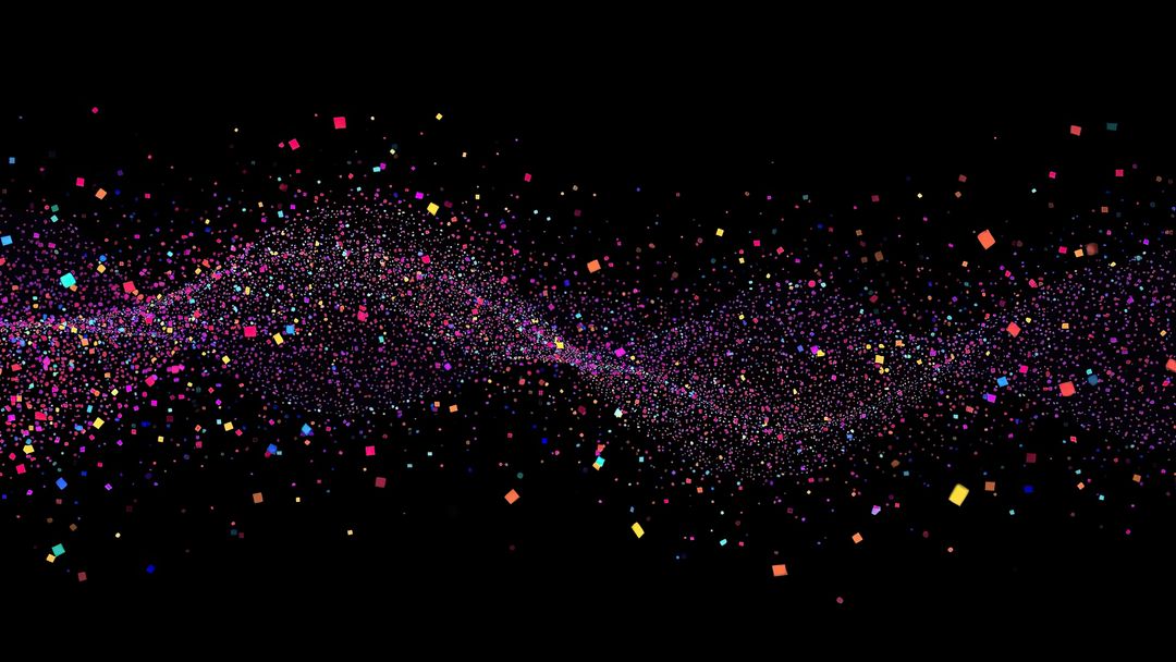 Vibrant Particle Wave with Multicolored Squares on Black