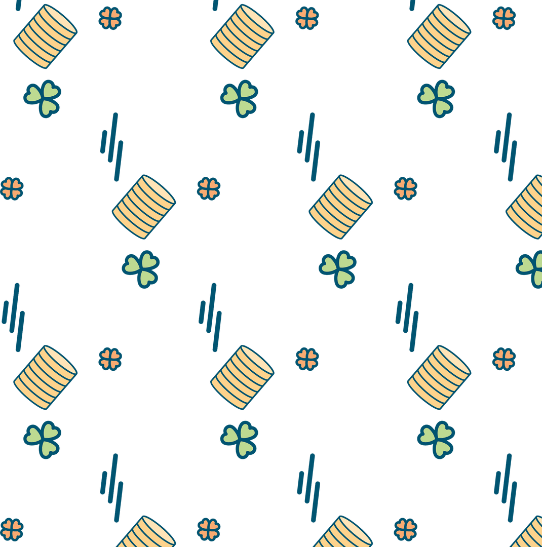 Seamless Pattern of Gold Coins and Clovers on Transparent Background