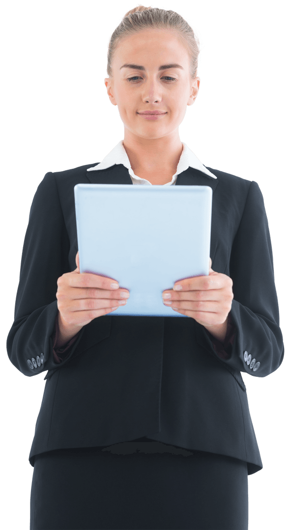 Businesswoman Focused on Tablet with Transparent Background