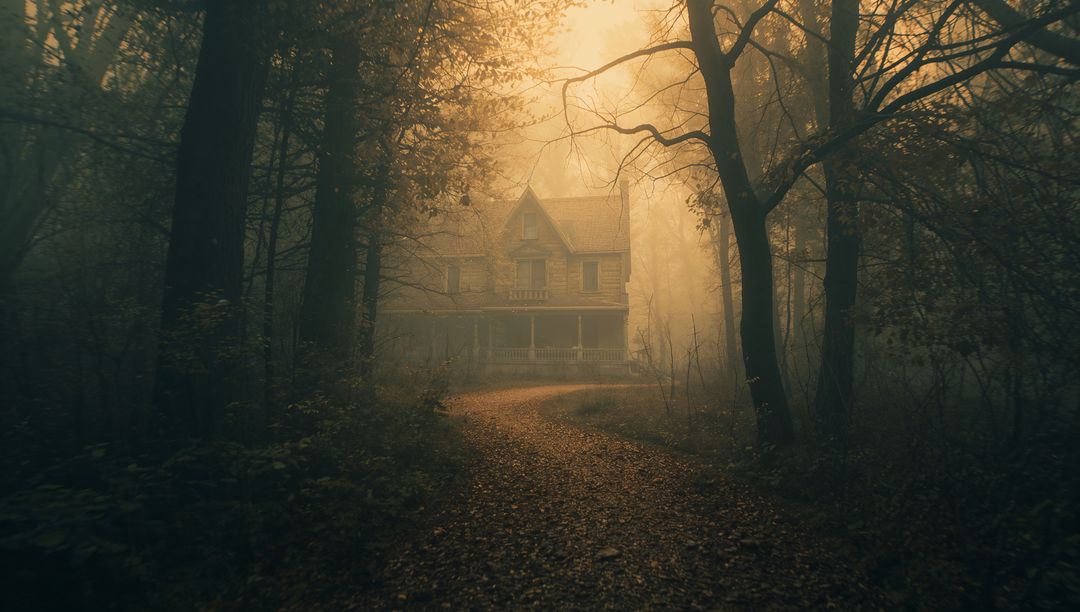 Misty Forest Cabin on Leaf-Strewn Path in Twilight