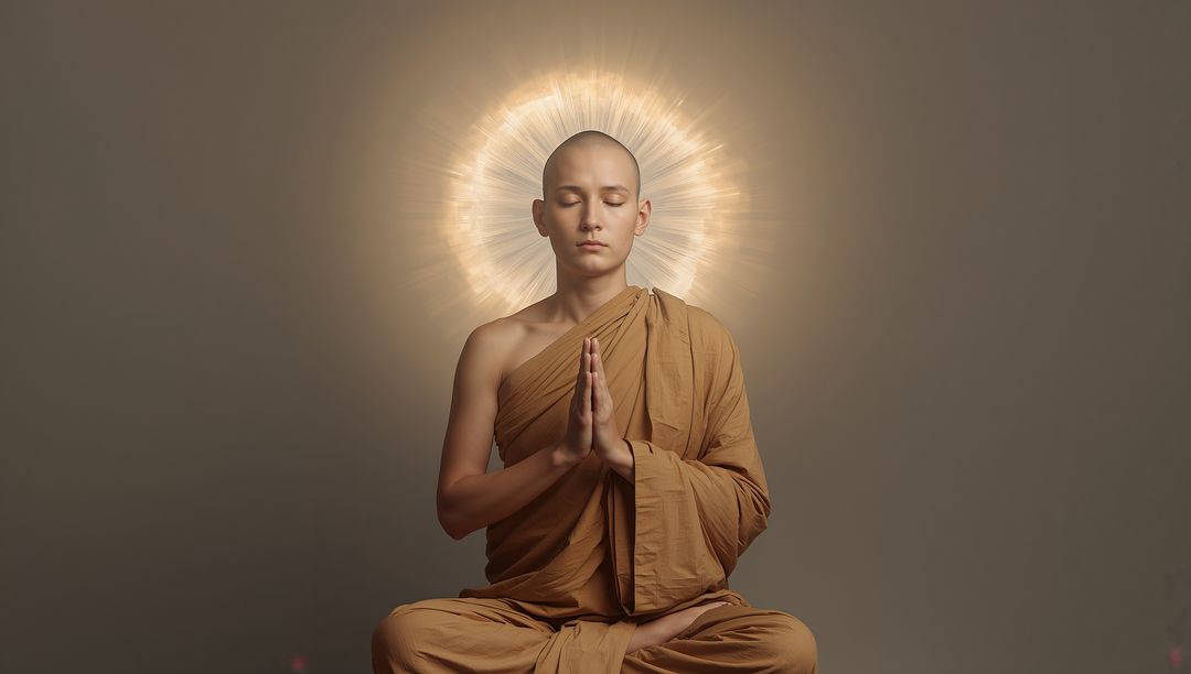 Serene Meditation of Buddhist Monk in Aura of Spiritual Light