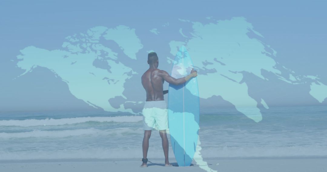 Surfer Holding Board with World Map Overlay on Beach