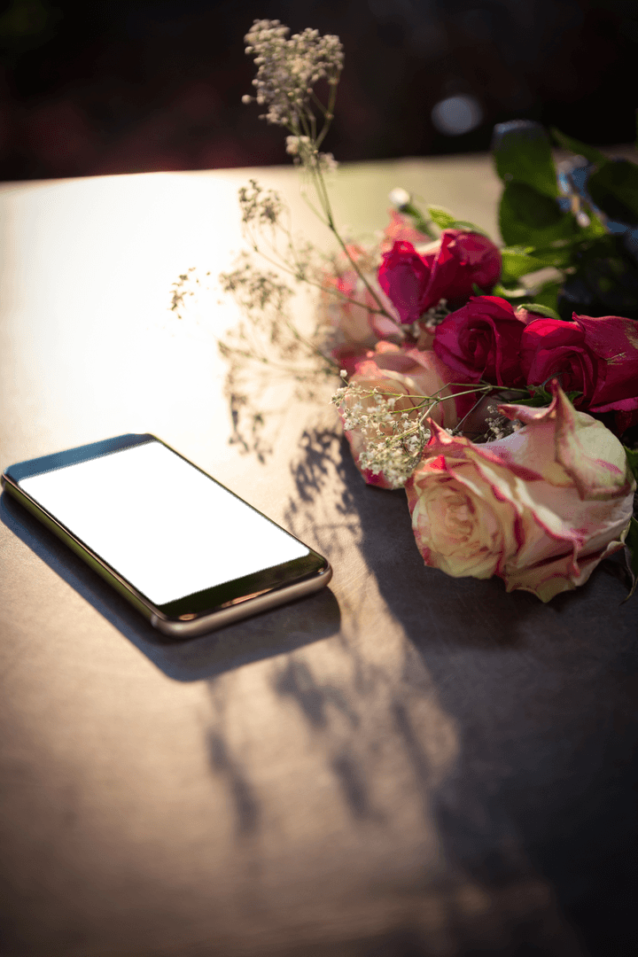 Transparent Smartphone Lying Next to Elegant Blooming Flowers