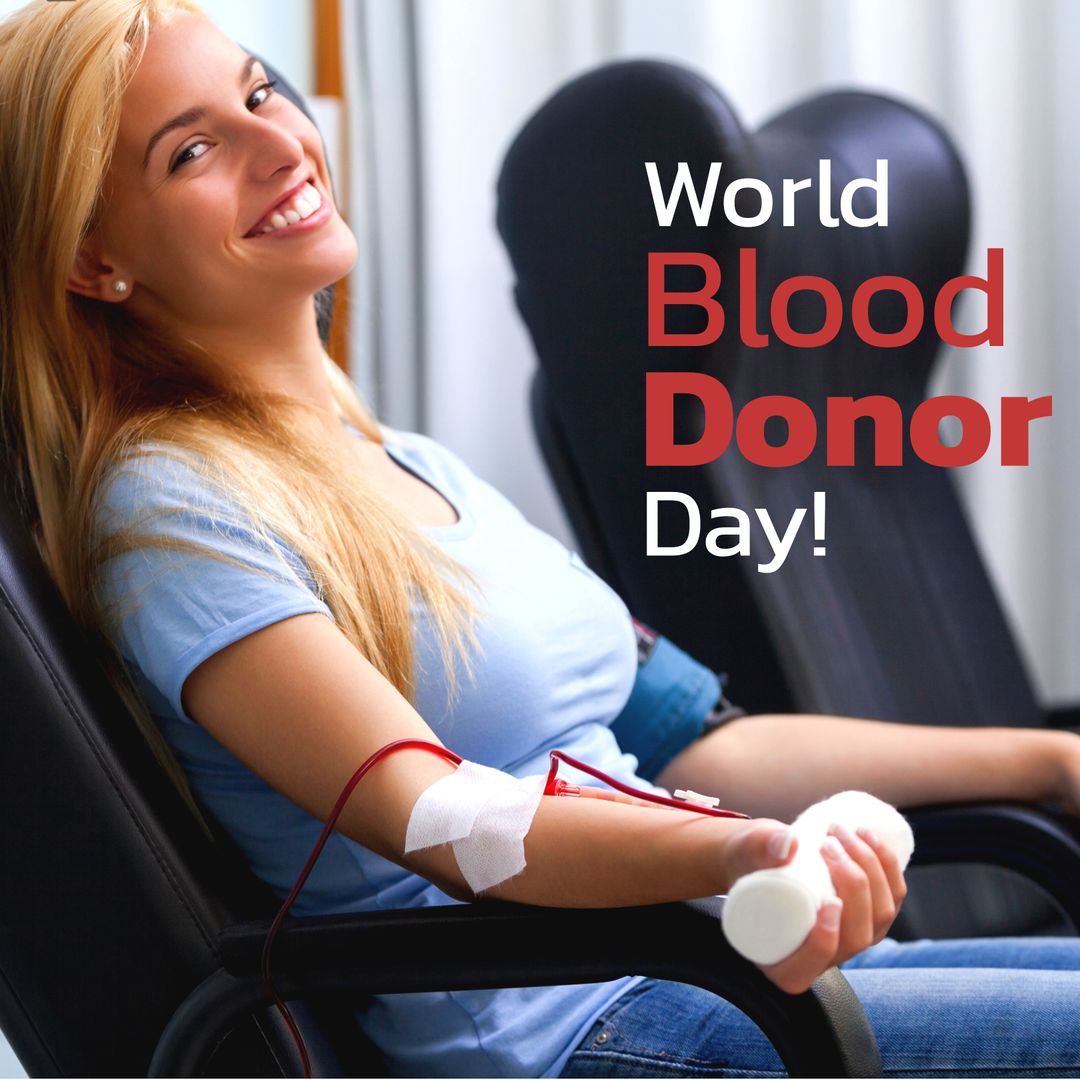 Smiling Woman Donating Blood for World Blood Donor Day