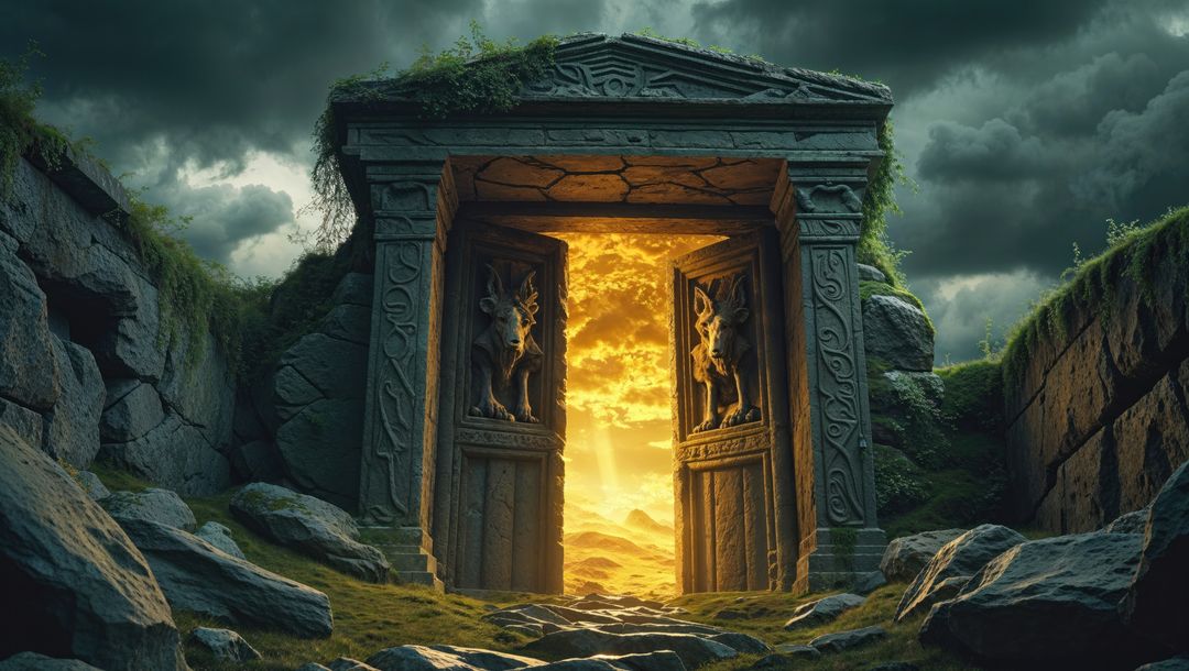 Ancient stone gateway opening to golden sky in mystical ravine, jesus' grave image background concep