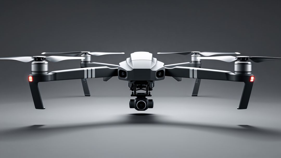 Foldable quadcopter drone hovering skilfully in minimalistic setting, streamline design