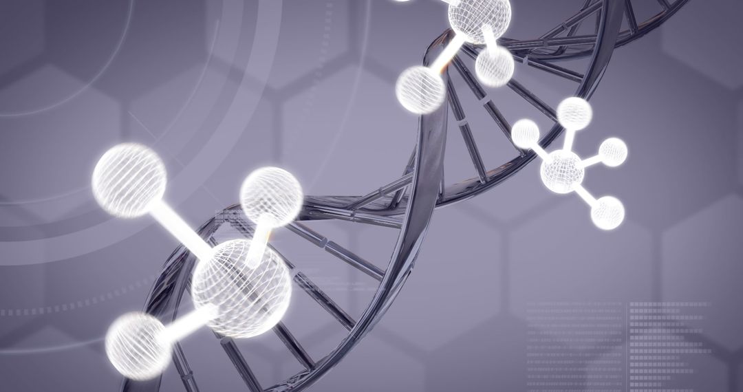 DNA Strand with Molecules and Data Overlay in Grey Background