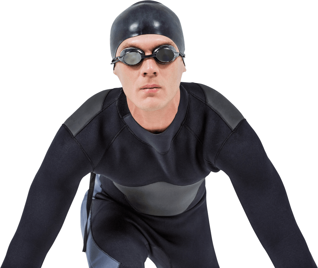 Transparent Confident Swimmer in Black Wetsuit Ready for Competition