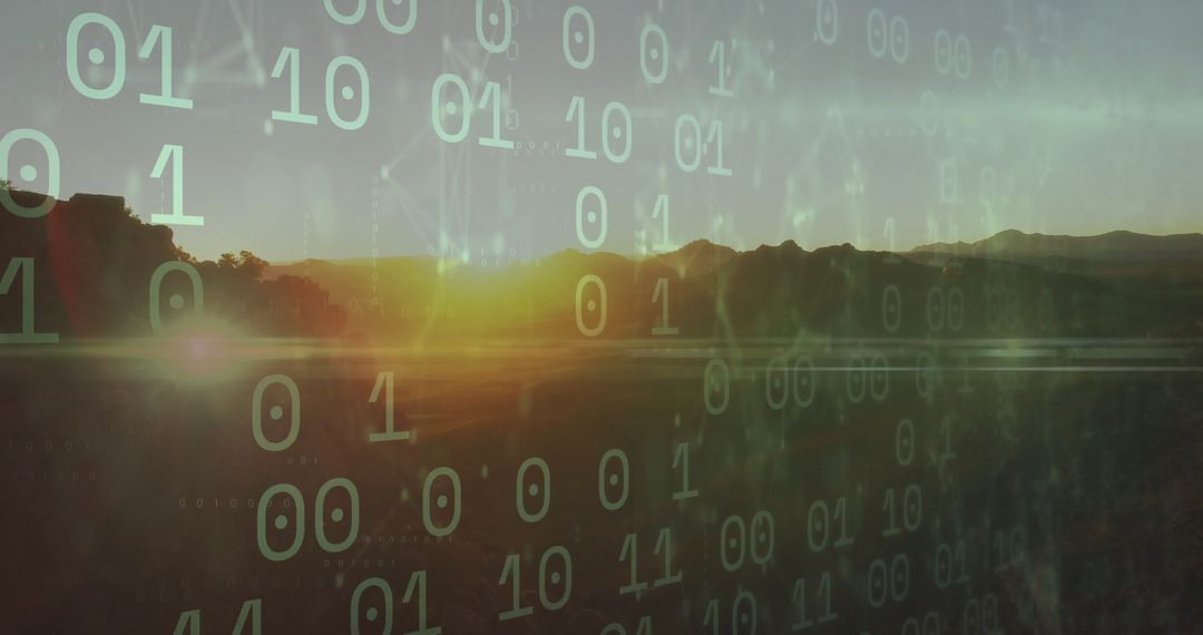 Sunset Landscape Fused with Binary Code Reflection Symbolizing Futurism
