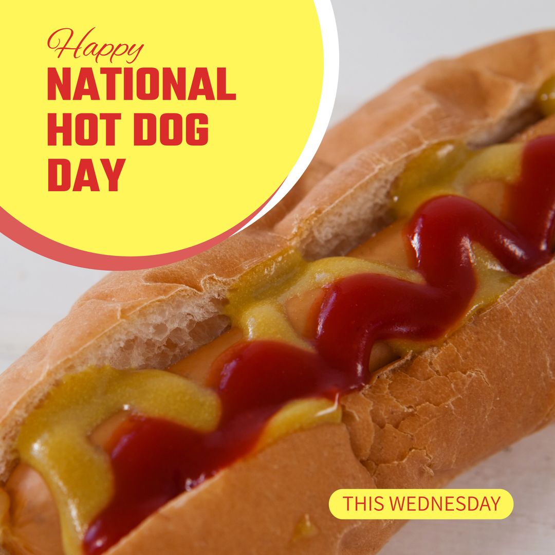 National Hot Dog Day Celebration Poster with Close-up Hot Dog and Sauces - Download Free Stock Templates Pikwizard.com