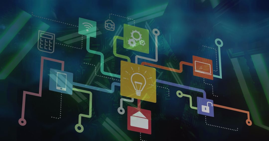 Digital Network Icons in Futuristic Neon Background