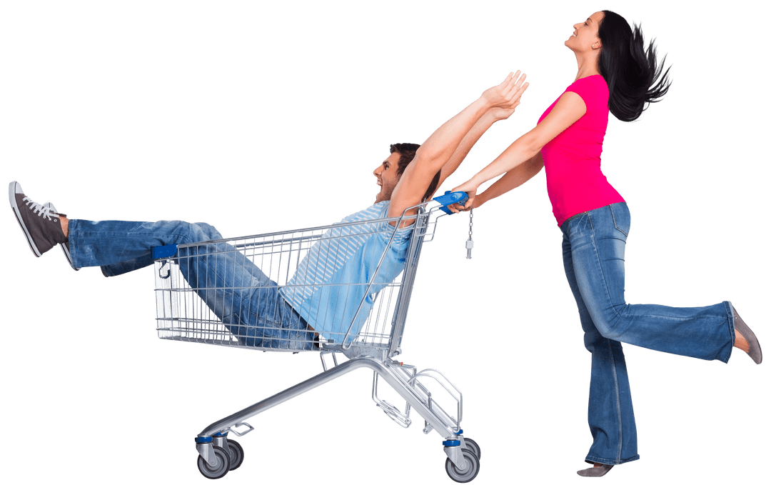 Transparent Joyful Couple Playing with Shopping Cart