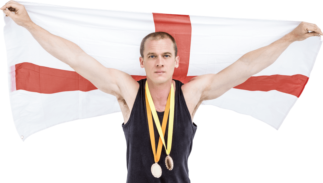 Athlete Joyfully Displaying England Flag and Medals on Transparent Background