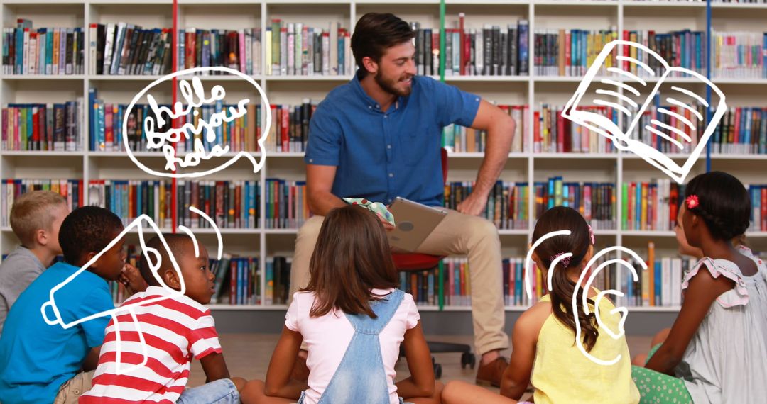 Enthusiastic Teacher in Library Engaging with Diverse Students