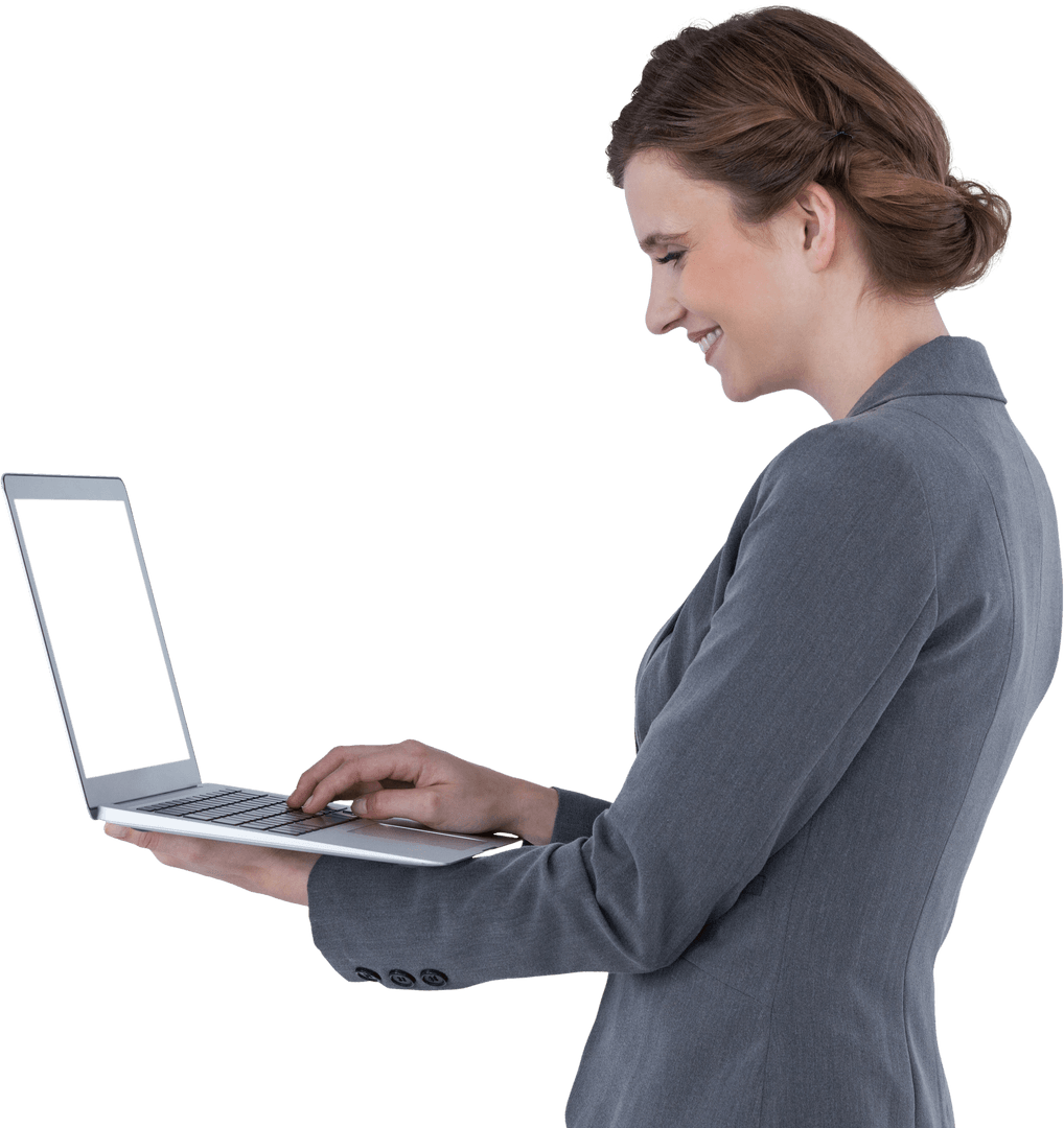 Smiling Businesswoman in Gray Suit Using Laptop Transparent Background