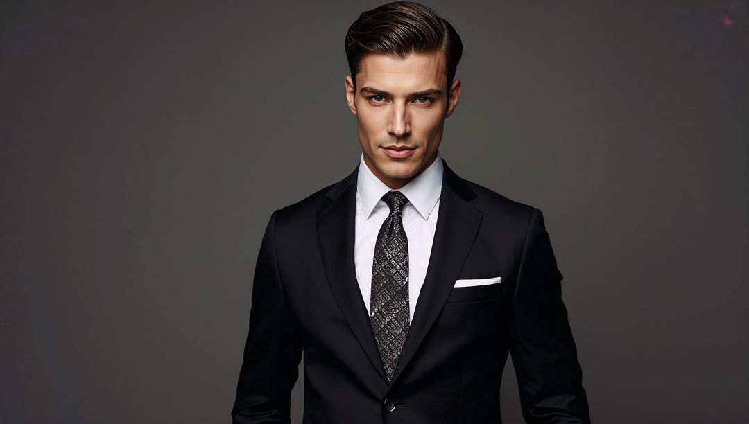Elegant Man in Black Suit with Patterned Tie in Studio Setting