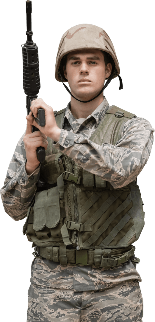 Transparent Standing Soldier Holding Rifle in Camouflage