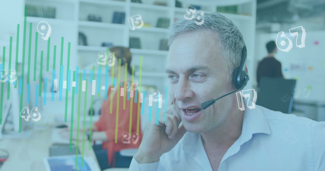 Call Center Agent Analyzing Data with Graphics Overlay