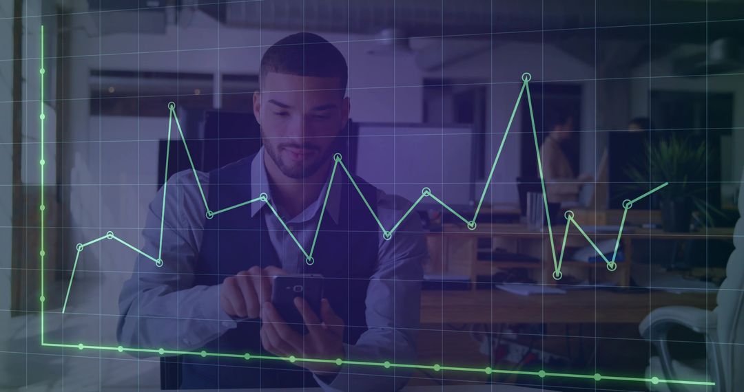 Professional Reviewing Smartphone with Data Graph Overlay in Modern Office