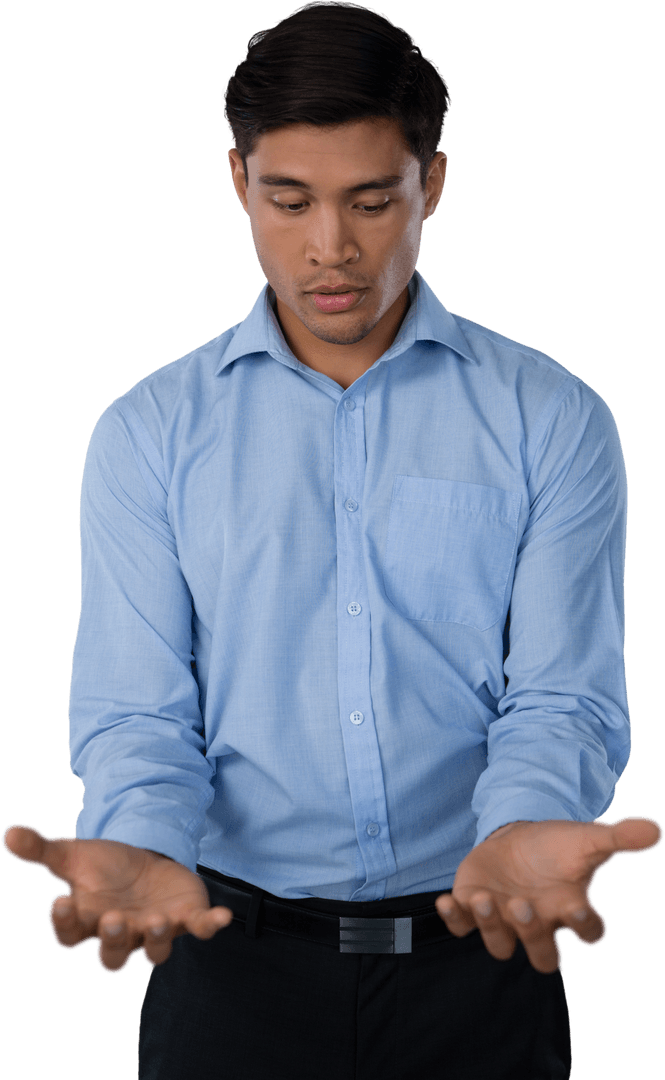 Young Businessman Gesturing with Open Hands Transparent Background