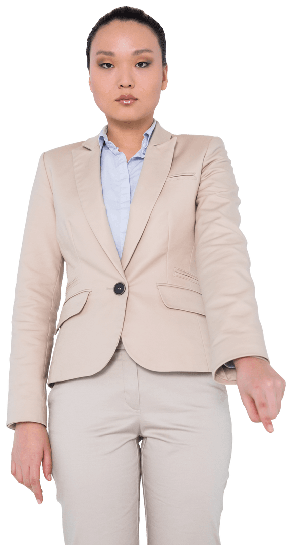 Transparent Businesswoman Pointing with Assertive Gesture