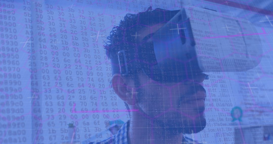 Man Engaging with Virtual Reality Amidst Digital Interface