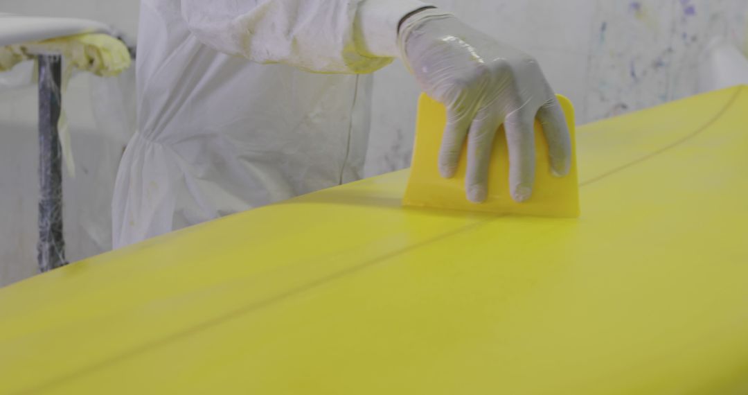 Worker Applying Resin to Yellow Surfboard in Workshop - Free Images, Stock Photos and Pictures on Pikwizard.com